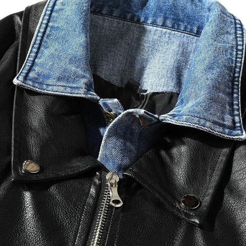 Ribbon Denim Leather Jacket - Anagoc