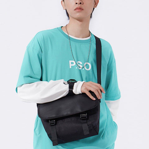 Combat Patchwork PU Buckle Messenger Bag - Anagoc