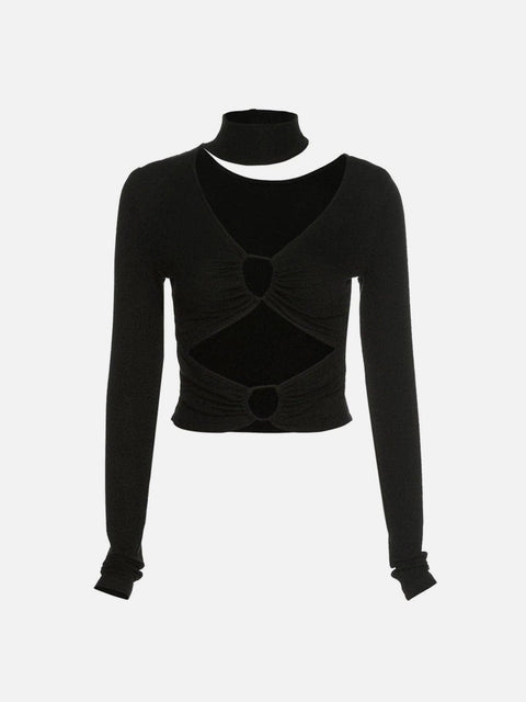 Hollow Sexy Halterneck Long Sleeve T Shirt - Anagoc
