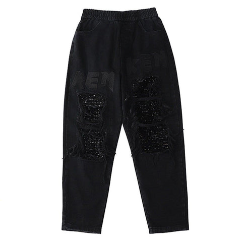 Ripped Sequined Embroidered Patchwork Jeans - Anagoc