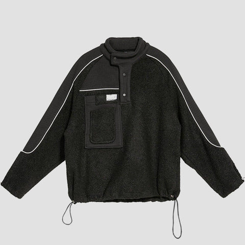 Dark Patchwork Drawstring Sherpa Sweatshirt - Anagoc