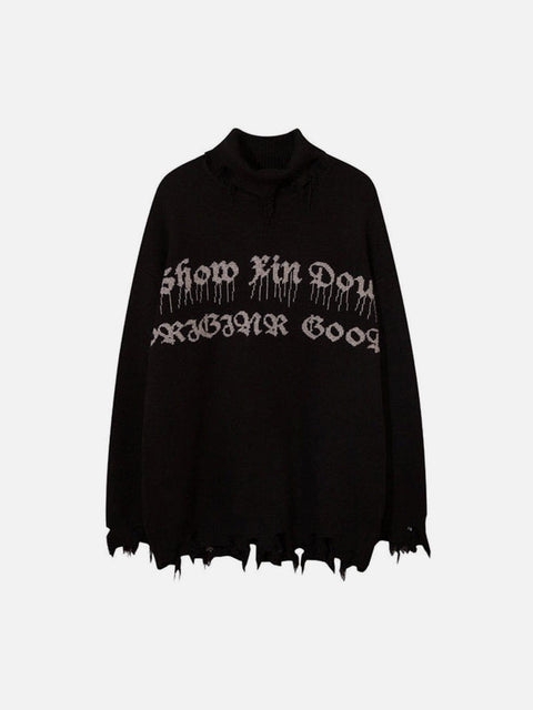 Ripped Tassel Turtleneck Knitted Sweater - Anagoc
