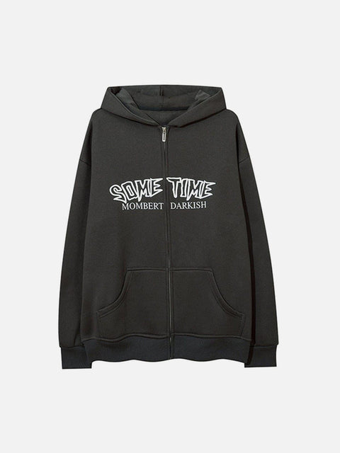 Circle Letters Print Fleece Zip Up Hoodie - Anagoc
