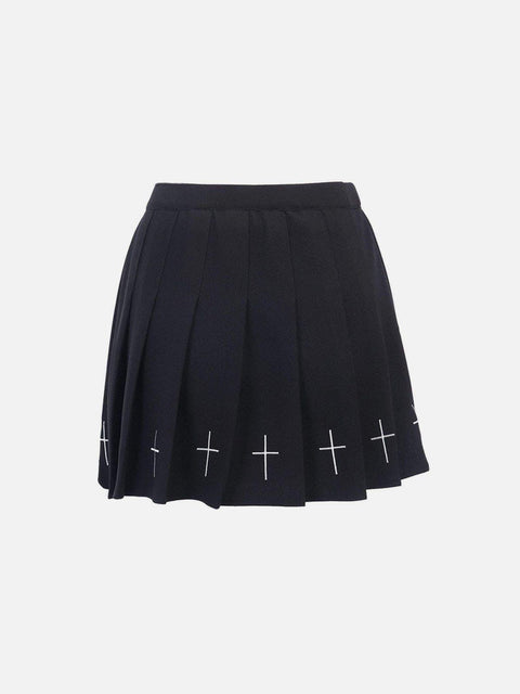 Dark Cross Print High-waist Pleated Skirt - Anagoc
