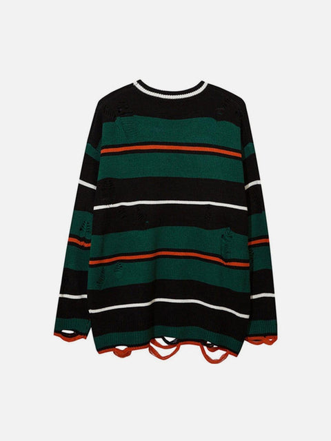Ripped Hole Stripe Knit Sweater - Anagoc