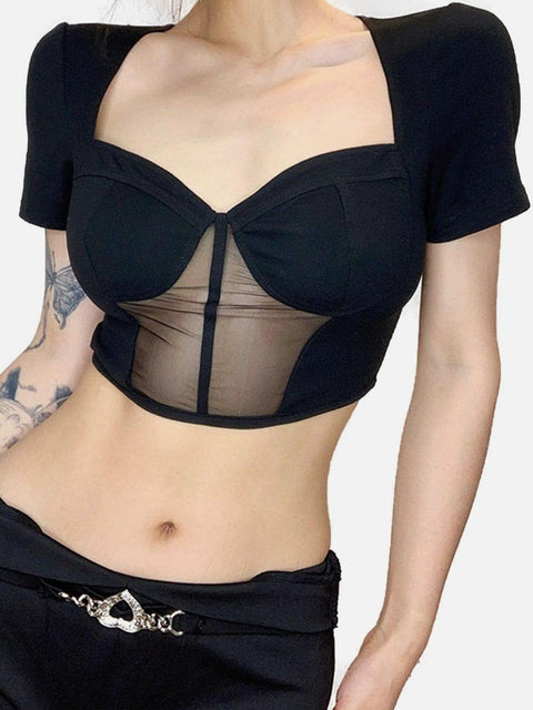 Sexy Mesh Patchwork Short Sleeve T Shirt - Anagoc
