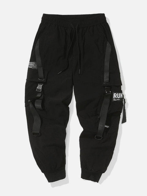 Combat Ribbons Buckle Pockets Cargo Pants - Anagoc