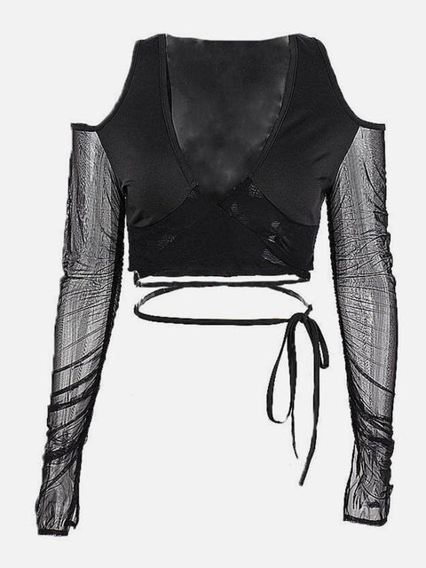 Hollow Mesh Cross Tie Long Sleeve T Shirt - Anagoc