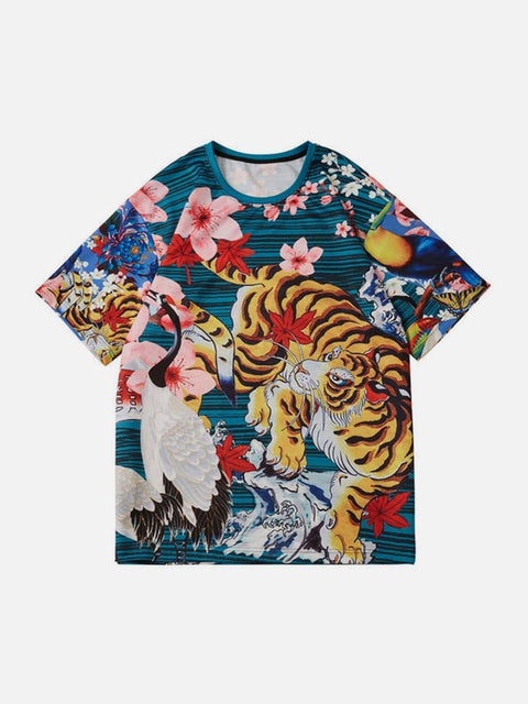 Cherry Blossoms Tiger Crane Print Tee - Anagoc