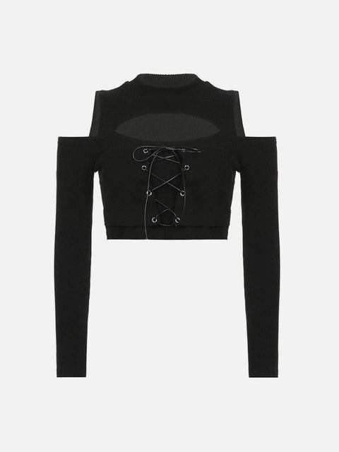 Hollow Out Bandage Long Sleeve T Shirt - Anagoc