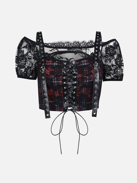 Lace Sheer Navel Tie Off Shoulder Mesh T Shirt - Anagoc