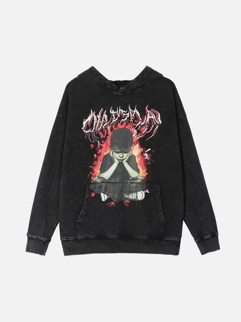 Flame Melancholy Boy Print Washed Hoodie - Anagoc