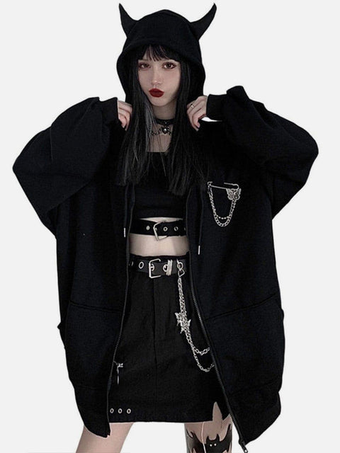 Dark Little Devil Horn Zip Up Hoodie - Anagoc