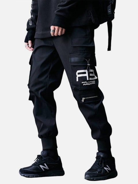 Techwear Big Zipper Pockets Print Thick Fleece Cargo Pants - Anagoc