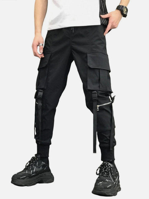 Zipper Pockets Ribbons Cargo Pants - Anagoc