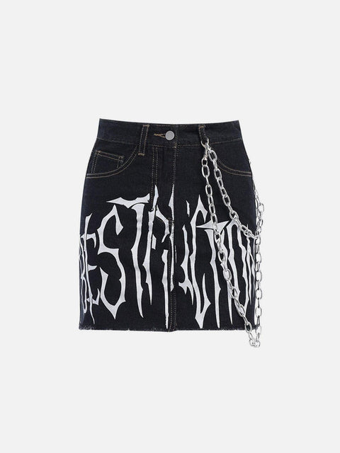 Dark Punk Print Chain Denim Skirt - Anagoc