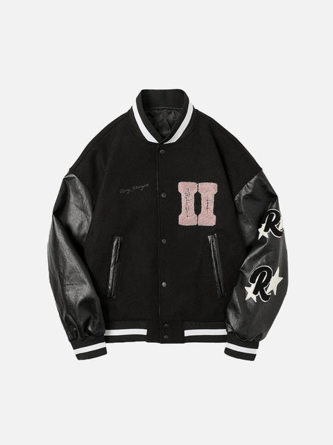 Stitching PU Sleeve Varsity Jacket - Anagoc