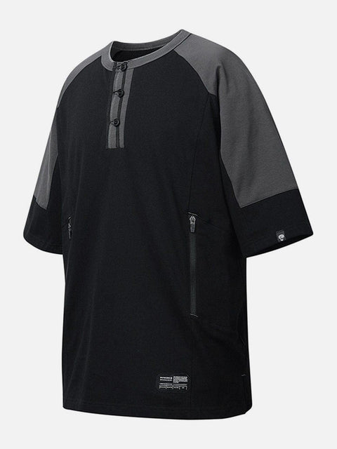 Patchwork Disc Buckle Zip Up Pocket Tee - Anagoc