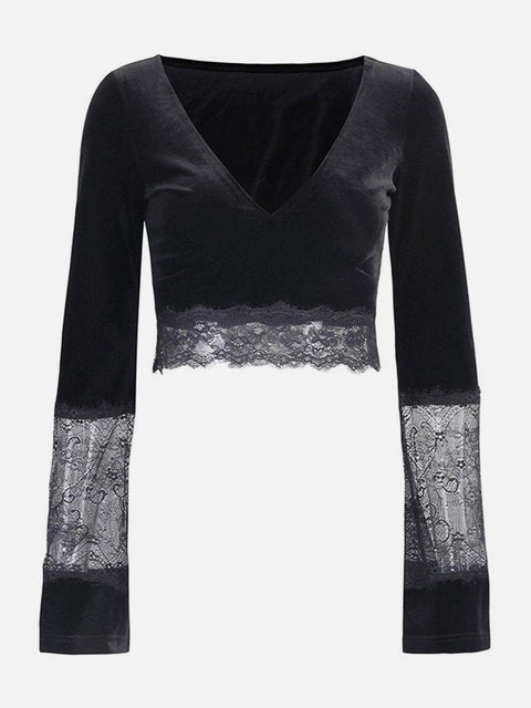 Lace Patchwork Trumpet Long Sleeve T Shirt - Anagoc