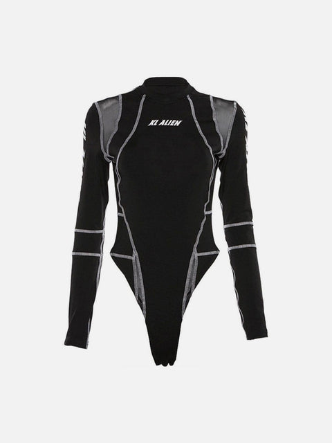 Mesh Patchwork Half Turtleneck Long Sleeve Bodysuit - Anagoc