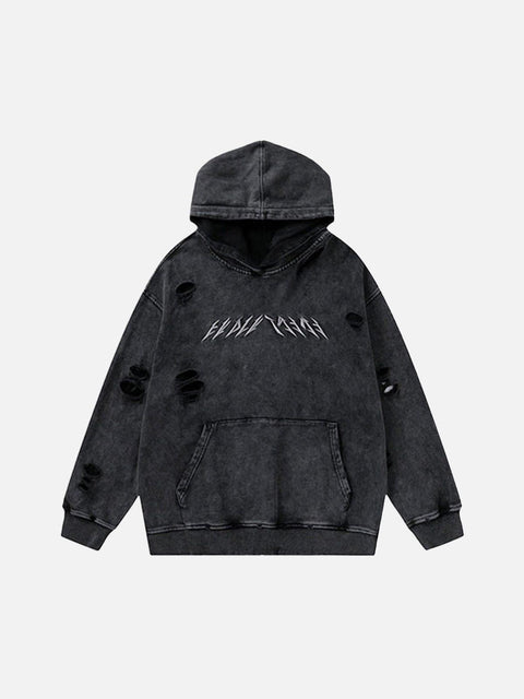 Ripped Hole Letters Embroidery Washed Hoodie - Anagoc