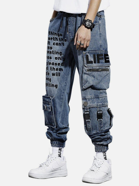 Embroidery Multi Pockets Cargo Jeans - Anagoc