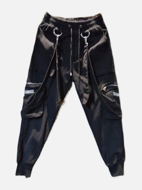 Side Zipper Pockets Ribbons Cargo Pants - Anagoc