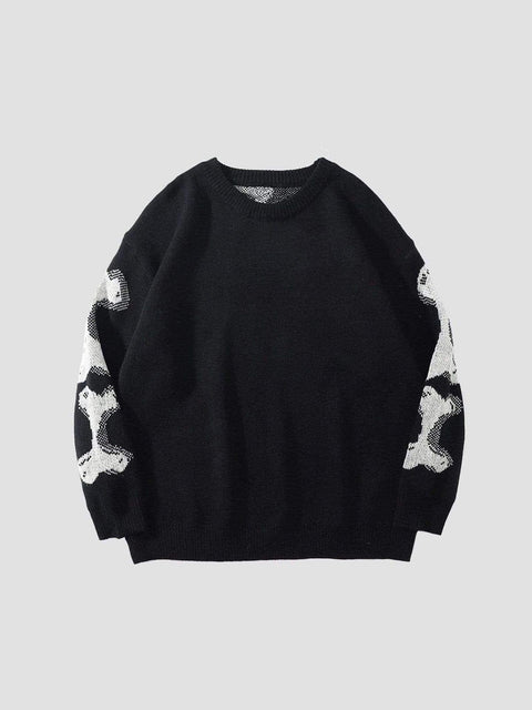 Dark Skeleton Print Knitted Sweater - Anagoc