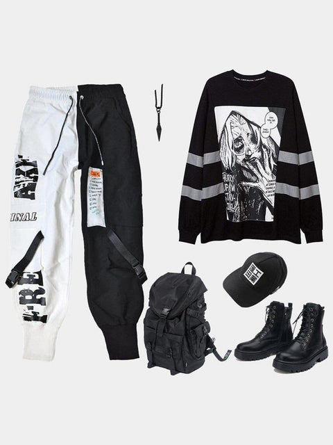 Contrast Stitching Ribbon Cargo Pants - Anagoc