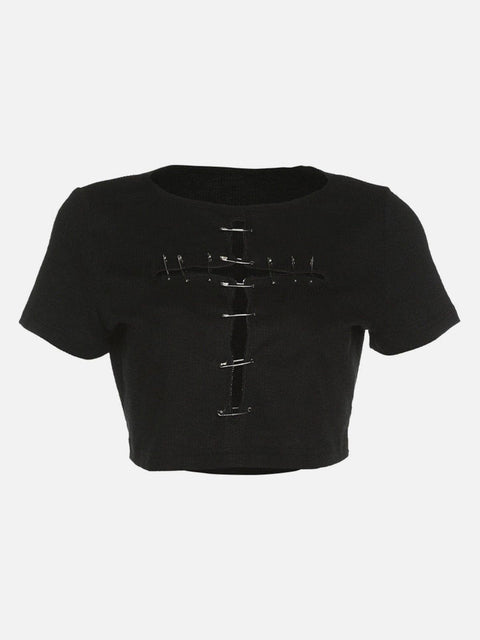 Cross Hollow Out Pins Short Sleeve T Shirt - Anagoc