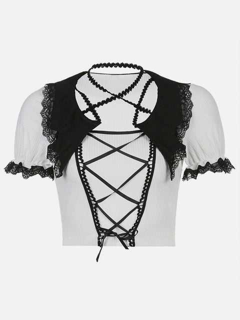 Lace Patchwork Straps Short Sleeve T Shirt - Anagoc