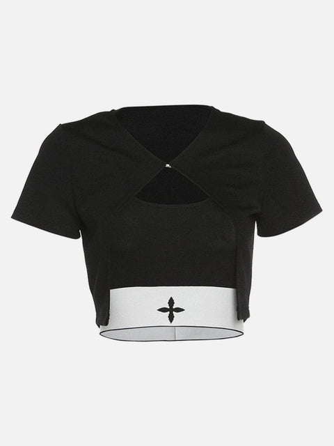 Patchwork Buckle Short Sleeve T Shirt - Anagoc