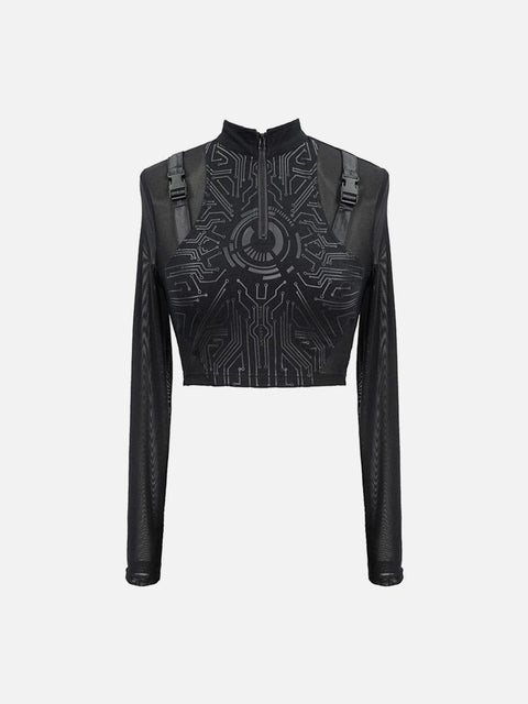 Mechanical Print Buckle Long Sleeve T Shirt - Anagoc