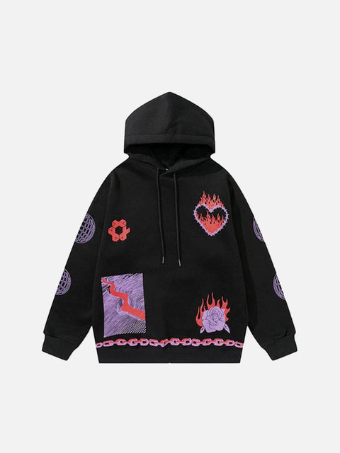 Fire Flame Love Chain Print Fleece Hoodie - Anagoc