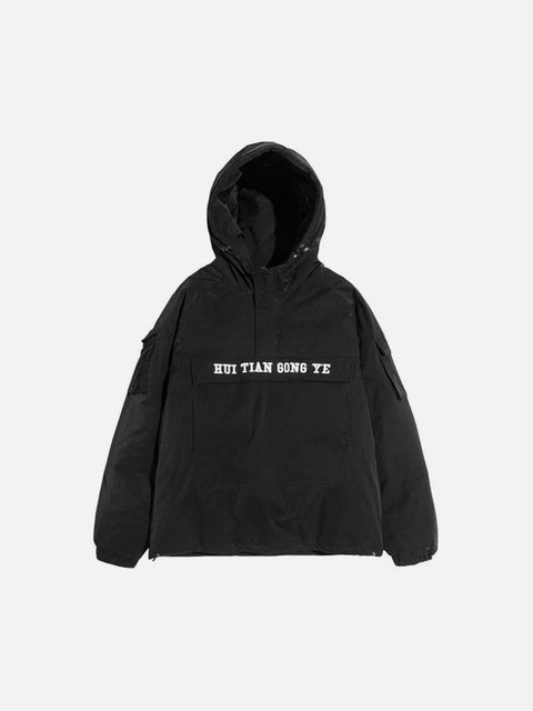 Functional Half Zip Up Embroidery Winter Coat - Anagoc