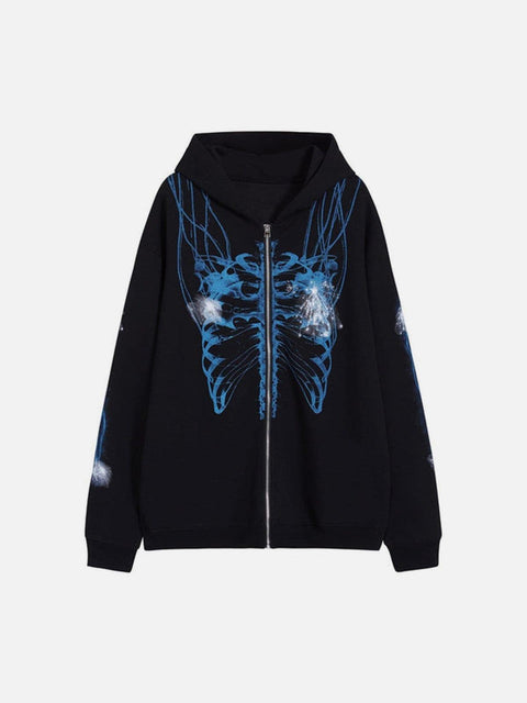Dark Resurrected Skeleton Fleece Zip Up Hoodie - Anagoc