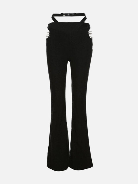 High Waist Side Cut-out Chain Flared Pants - Anagoc