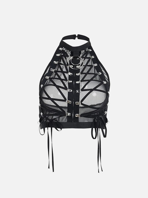 Dark Lace-up Mesh Sexy Vest - Anagoc