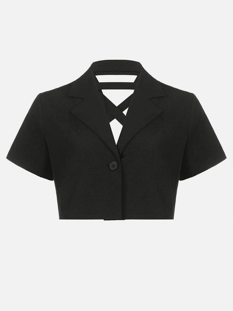 Back Cross Tie Hollow Crop Short Sleeve - Anagoc