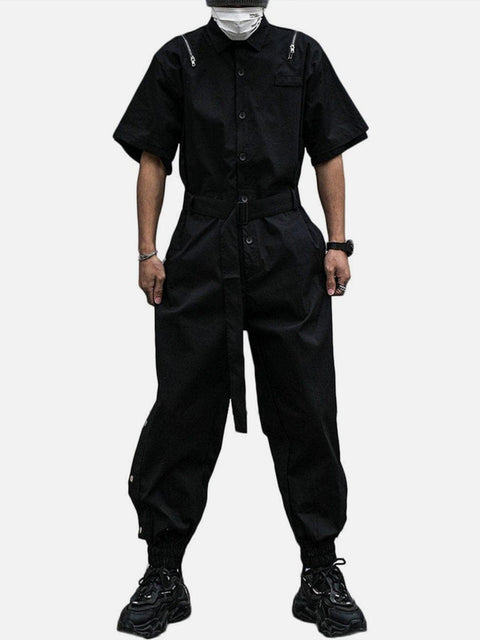 Personalized Fake Zipper Belt Cotton Jumpsuit - Anagoc