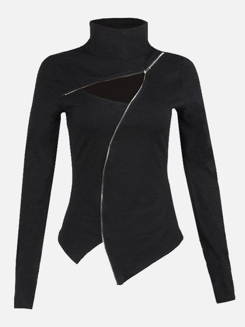 Irregular Zip Up Long Sleeve T Shirt - Anagoc
