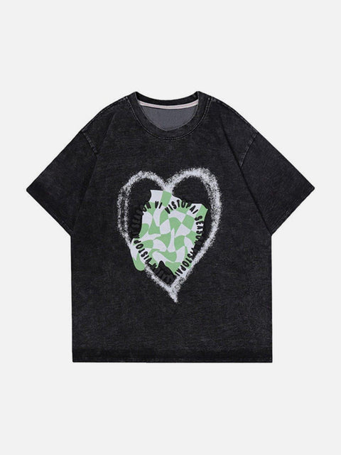 Heart Checkerboard Washed Graphic Tee - Anagoc