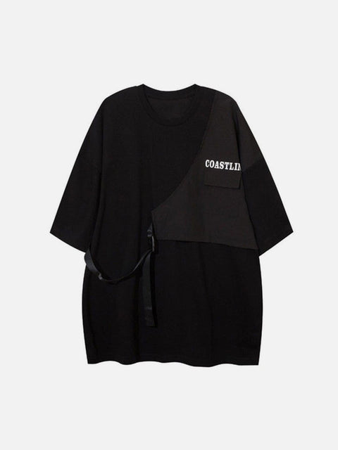 Contrasting Color Stitching Buckle Streamer Tee - Anagoc
