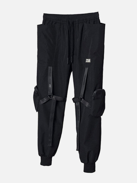 Combat Zipper Pockets Ribbons Cargo Pants - Anagoc