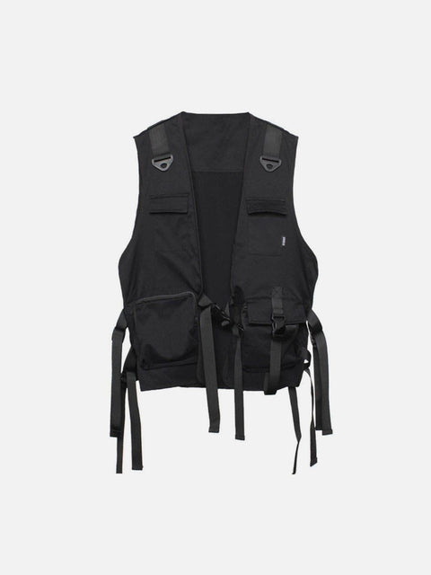 Function Dark Ninja Ribbons Pockets Cardigan Vest - Anagoc
