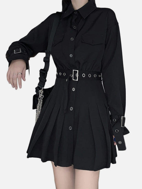 Dark Techwear Belt Pleated Shirt Dress - Anagoc