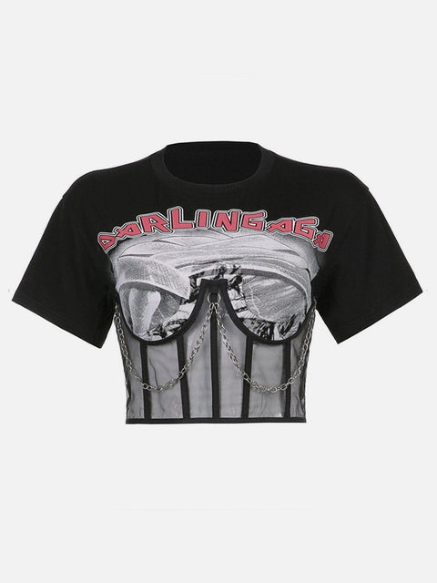 Dark Mesh Patchwork Chain Short Sleeve T Shirt - Anagoc