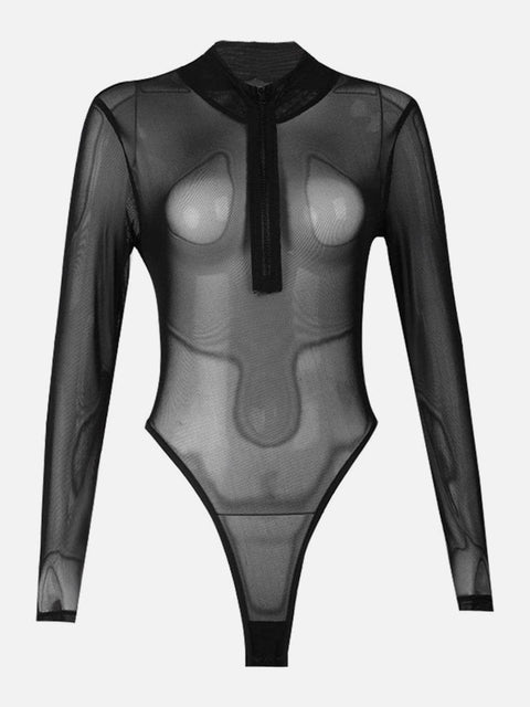 Sexy Perspective Zip Up Long Sleeve Jumpsuit - Anagoc