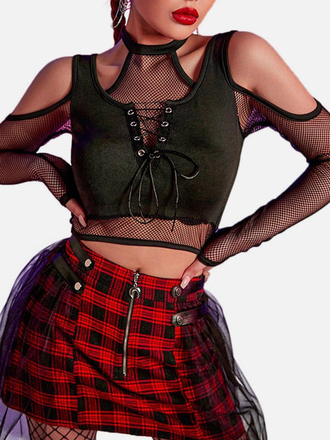 Mesh Off Shoulder Lace Long Sleeve T Shirt - Anagoc