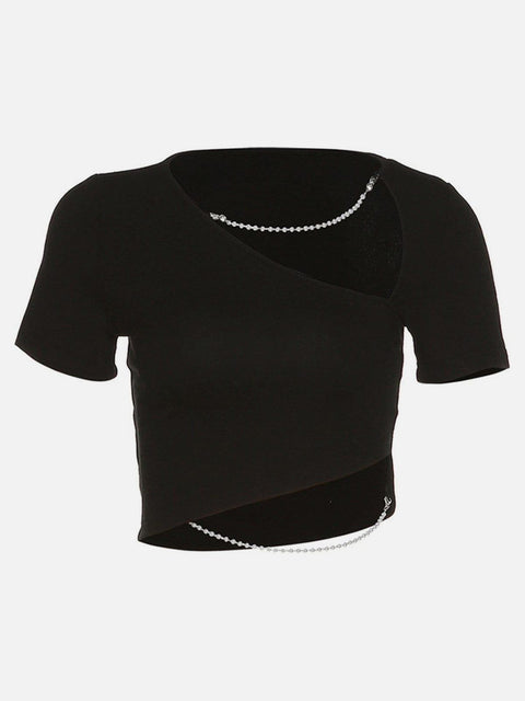 Hollow Irregular Pearl Chain Short Sleeve T Shirt - Anagoc